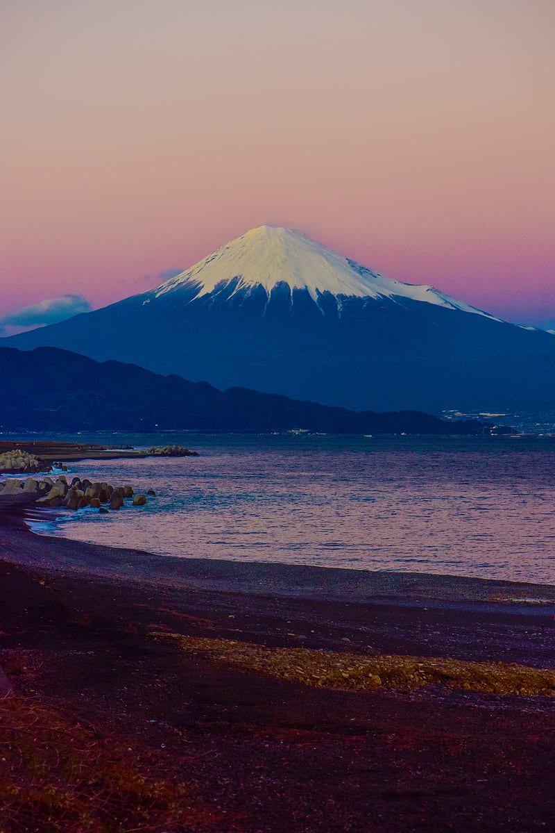 mountain, volcano, beach, landscape, fuji, japan, HD phone wallpaper