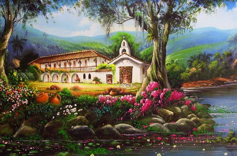 Mission Station, house, painting, flowers, chappel, river, trees, artwork, HD wallpaper