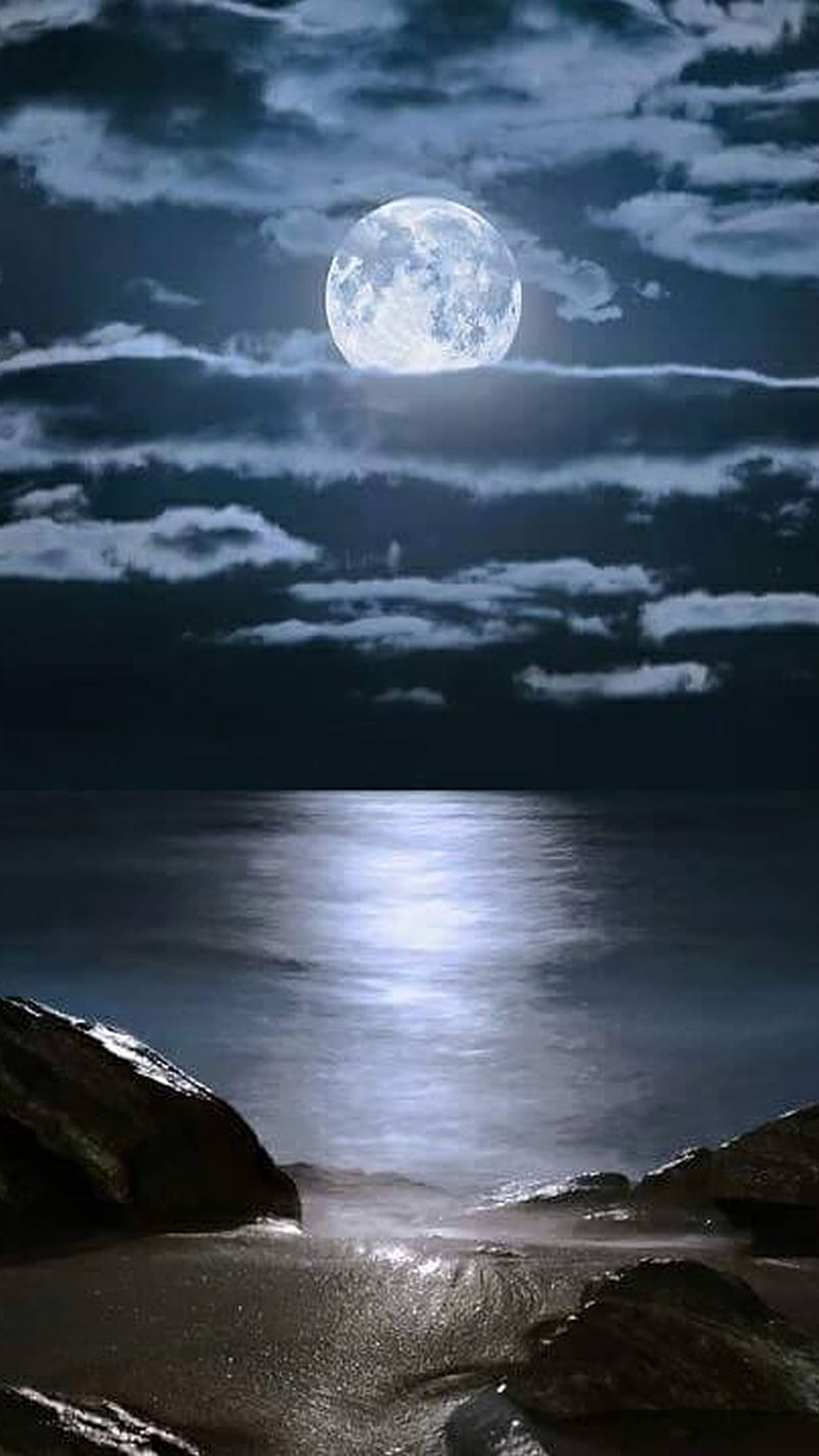 Full Ocean Moon, blue, clouds, night, rocks, sand, water, HD phone wallpaper