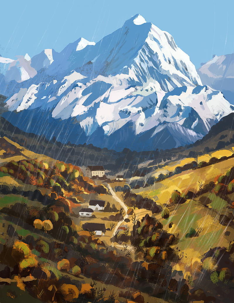 mountains, valley, houses, landscape, art, HD phone wallpaper