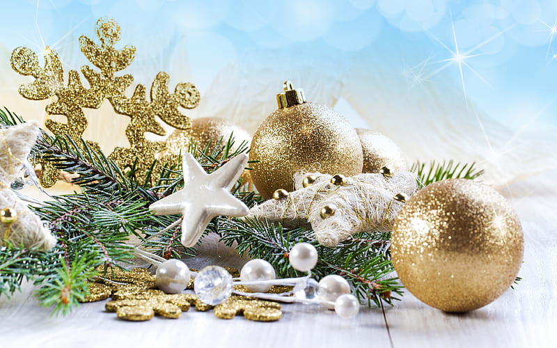 christmas decorations stars, balls, Happy New Year, Merry Christmas, golden decorations, xmas, christmas, New Year, HD wallpaper