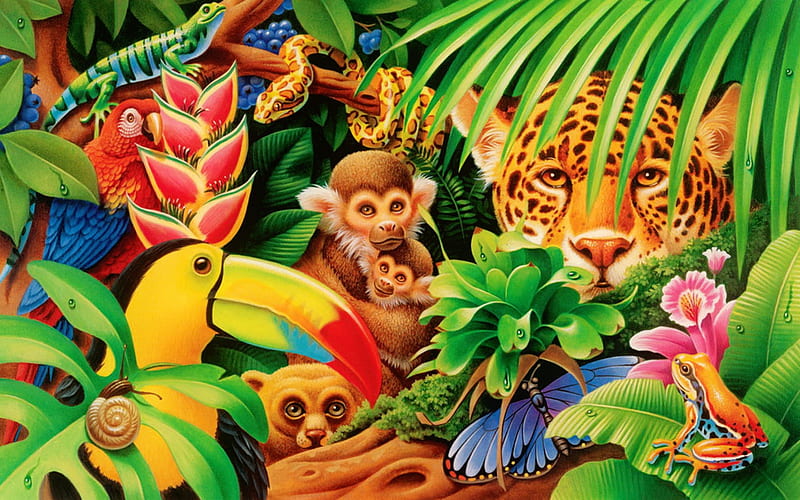 Jungle, leopard, colorful, art, exotic, parrot, toucan, animal, leaf, frog, monkey, bird, green, flower, pasari, snake, HD wallpaper