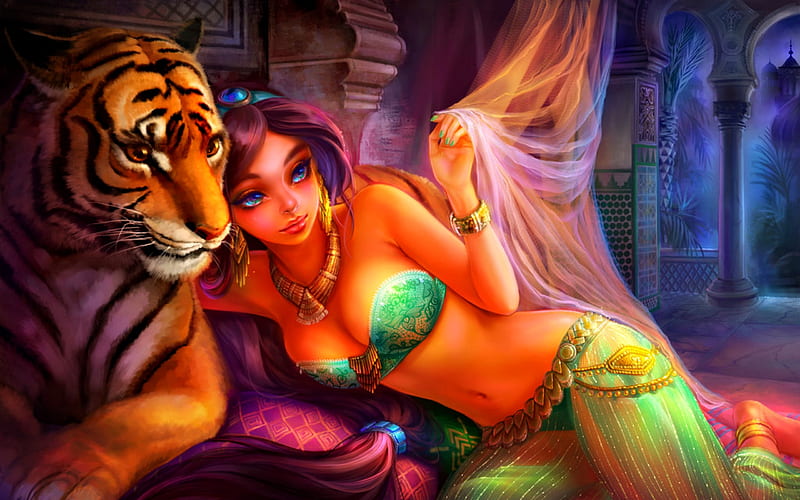 Jasmine, fanart, frumusete, luminos, tiger, arabian nights, animal, shawli2007, girl, princess, disney, HD wallpaper
