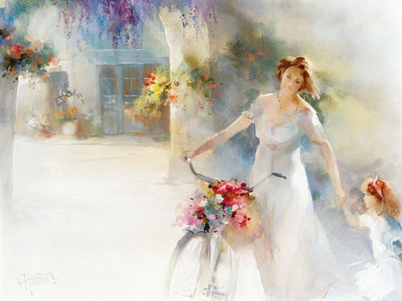 Girl and Bike F1, art, haenraets, bicycle, woman, willem haenraets, girl, painting, child, bike, portrait, HD wallpaper
