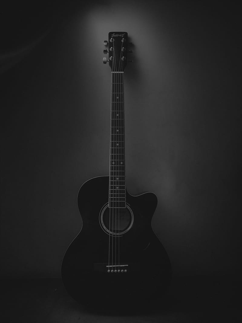 acoustic guitar, guitar, musical instrument, black, dark, HD phone wallpaper
