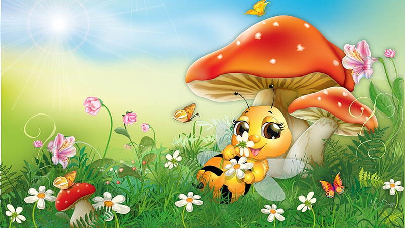 Sweet Bee, grass, honey bee, mushroom, summer, flowers, spring, butterflies, Firefox Perfsona theme, HD wallpaper