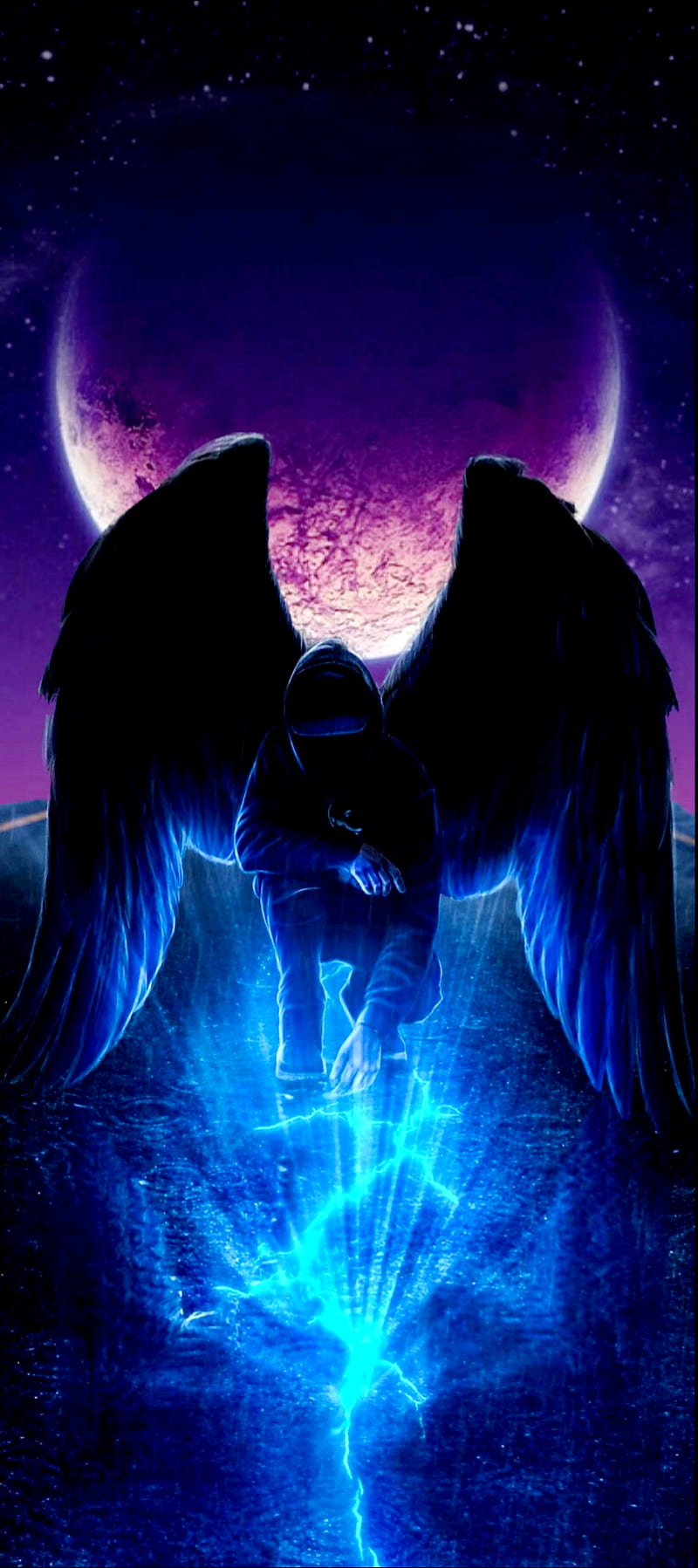 Angel, dark, moon, wings, HD phone wallpaper