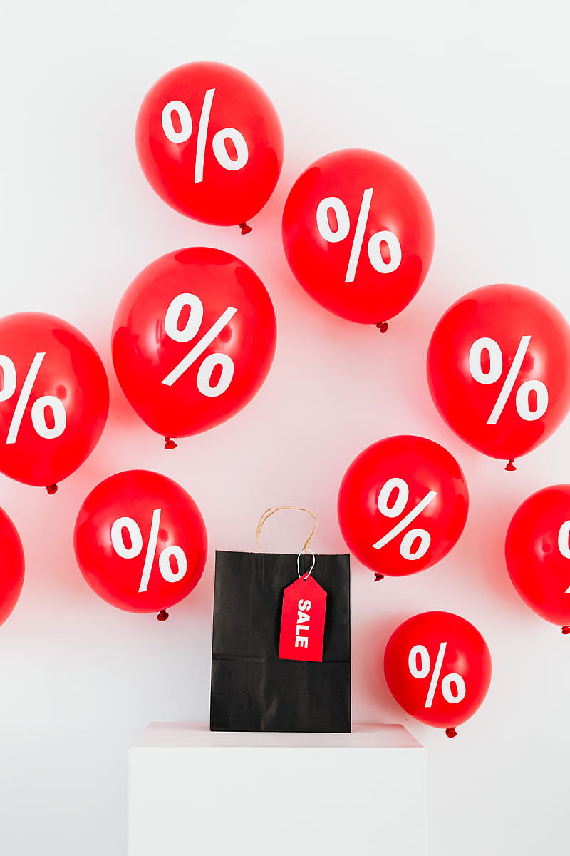 A Black Paper Bag With Sale Tag in the Middle of Red Balloons With Percentage Symbols, HD phone wallpaper