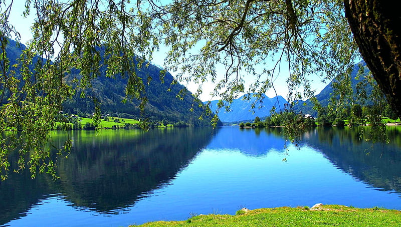 Grundlsee Lake, Alps, Austria, bonito, trees, lake, meadows, mountains, calm waters, reflection, HD wallpaper