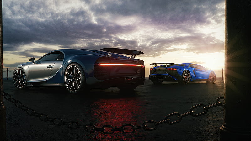 Bugatti Chiron And Lamborghini Huracan, lamborghini-huracan, lamborghini, bugatti-chiron, behance, carros, HD wallpaper