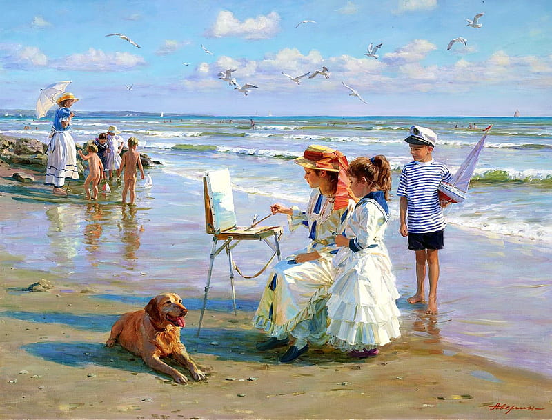On the beach, children, caine, woman, sea, beach, girl, painting, summer, pictura, alexander averin, dog, HD wallpaper