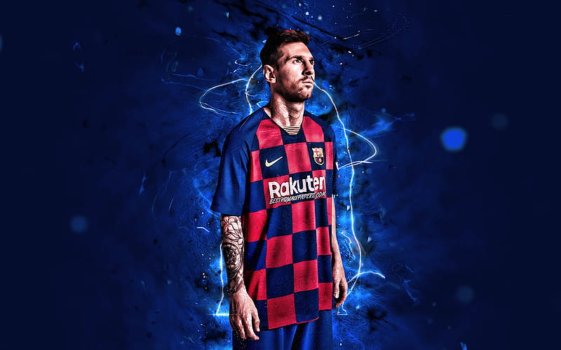 Lionel Messi, close-up, 2019, Barcelona FC, football stars, argentinian footballers, FCB, Messi, Leo Messi, soccer, La Liga, neon lights, LaLiga, Spain, Barca, HD wallpaper
