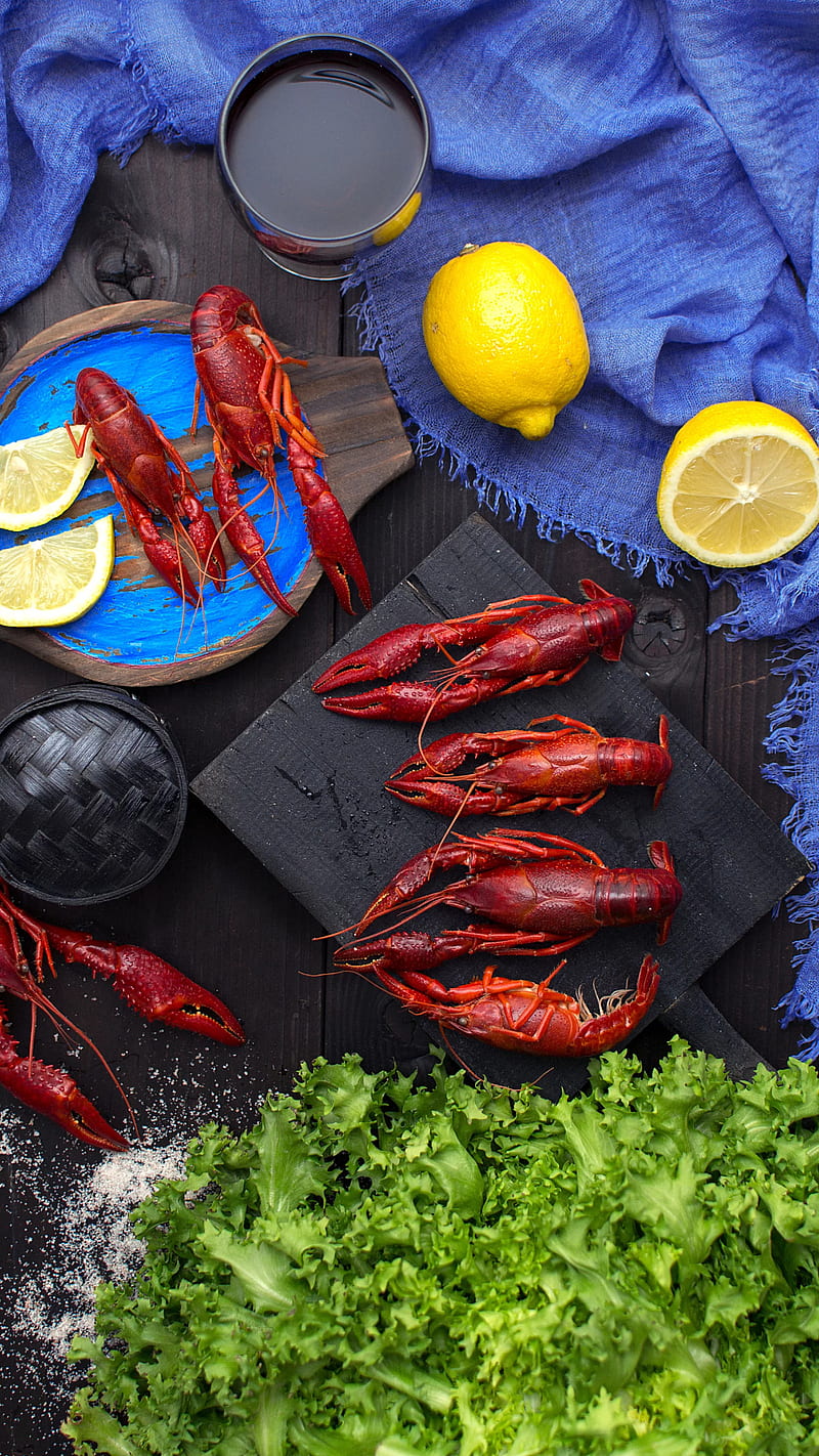 seafood, food, lemon, crabs, blue tissue, HD phone wallpaper