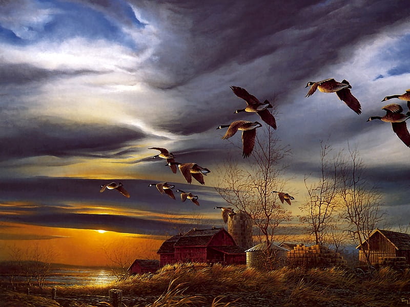 Terry Redlin painting - Silent sunset, art, snow, painting, sunset, sky, terry redlin, deer, HD wallpaper