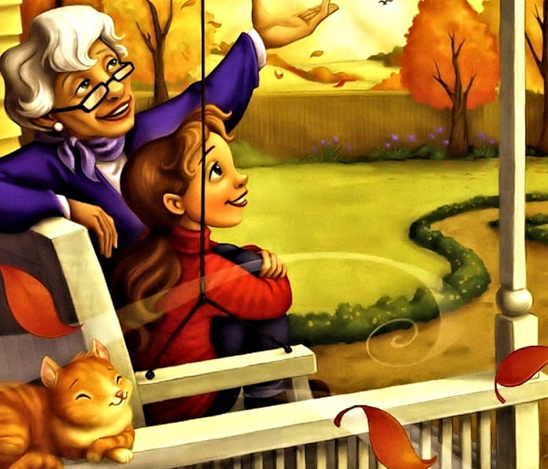 Grandma's Swing in Fall, Fall, Grandmother, Boy, Art, HD wallpaper