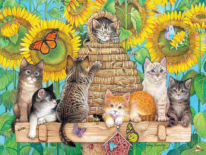Kittens and bees, art, butterflies, sunflowers, cats, HD wallpaper