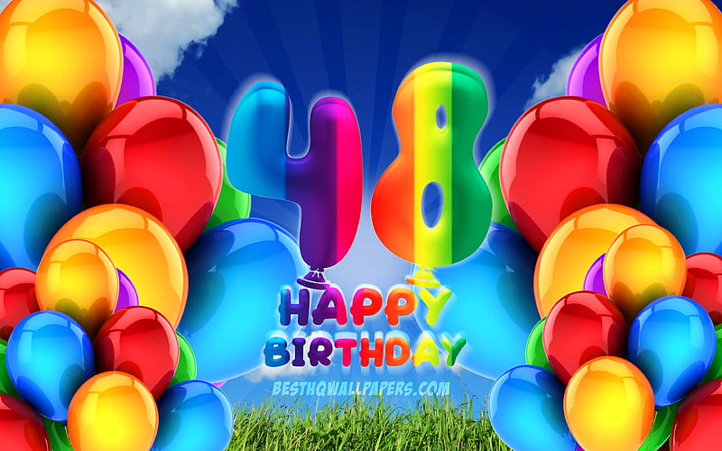Happy 48 Years Birtay, cloudy sky background, Birtay Party, colorful ballons, Happy 48th birtay, artwork, 48th Birtay, Birtay concept, 48th Birtay Party, HD wallpaper