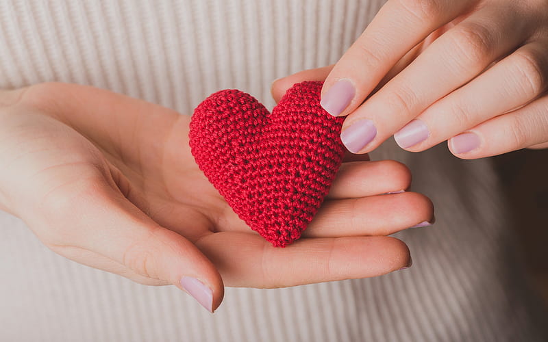 red heart in hands, knitted red heart, love concepts, romance, heart in female hands, HD wallpaper