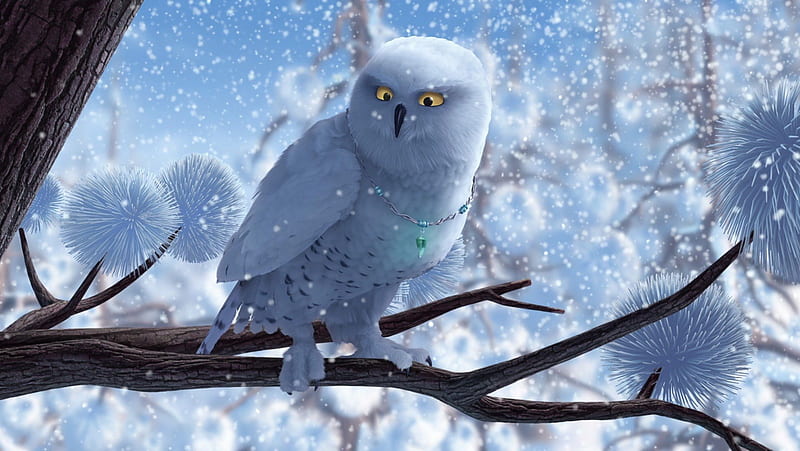 Secret of the Wings (2012), owl, movie, branch, winter, secret of the wings, bird, snow, snowflakes, white, disney, blue, HD wallpaper