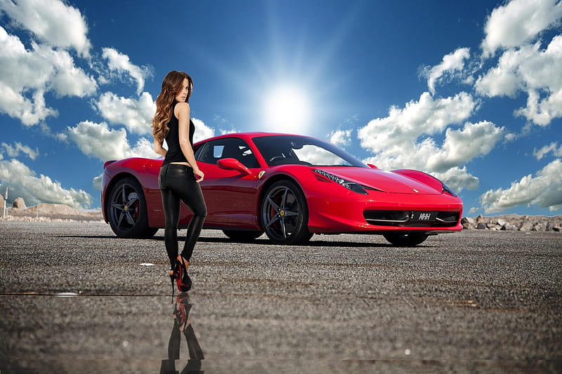 sunny day and girl, sexy babes, red cars, black dress, hot, beauty, girls, road, girl on road, actresses, sunny day, female, models, black, sexy, heels, carros, cute, beautyfull, nature, HD wallpaper