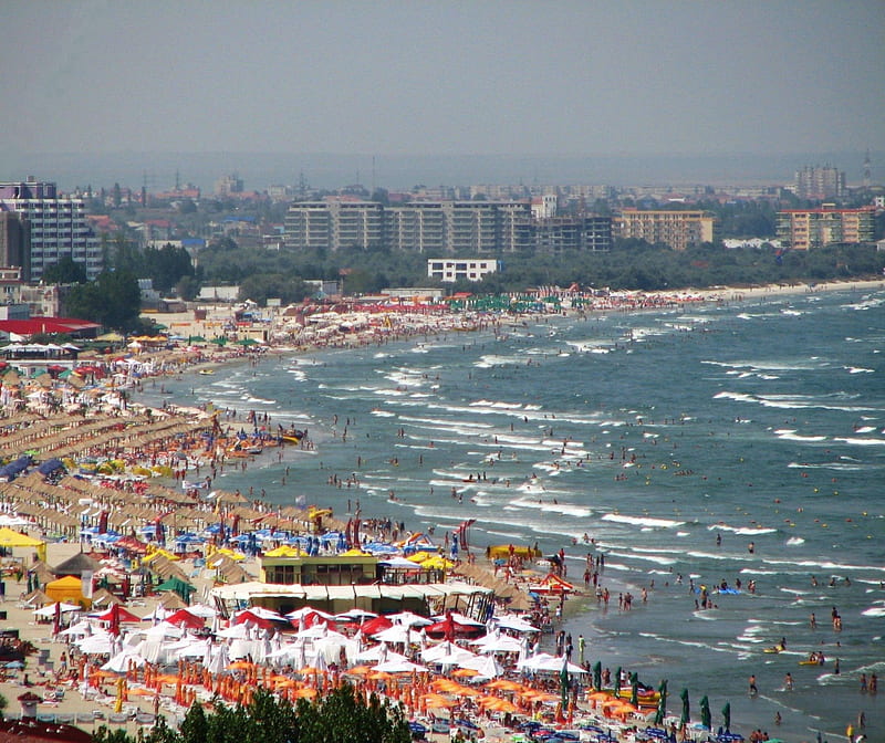 Romania, Mamaia, Black Sea, hotel, mamaia, black sea, umbrella, litoral, waves, beach, water, people, summer, aqua, nature, HD wallpaper