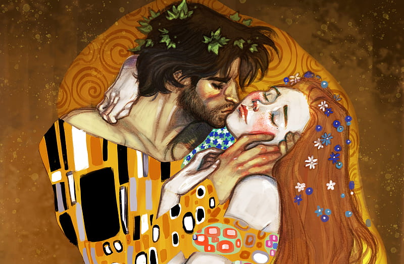 Artistic, Painting, Flower, Kiss, Man, Woman, HD wallpaper