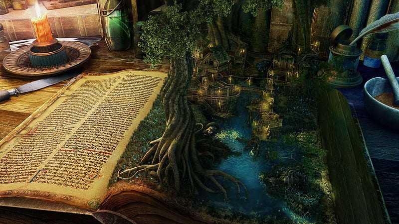Magic Book, candle, table, houses, book, magic, knife, tree, water, landscape, HD wallpaper