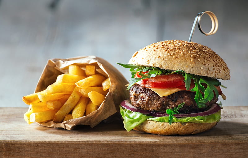 Burger, fries, food, cream, HD wallpaper