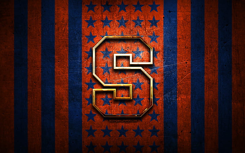 Syracuse Orange flag, NCAA, orange blue metal background, american football team, Syracuse Orange logo, USA, american football, golden logo, Syracuse Orange, HD wallpaper