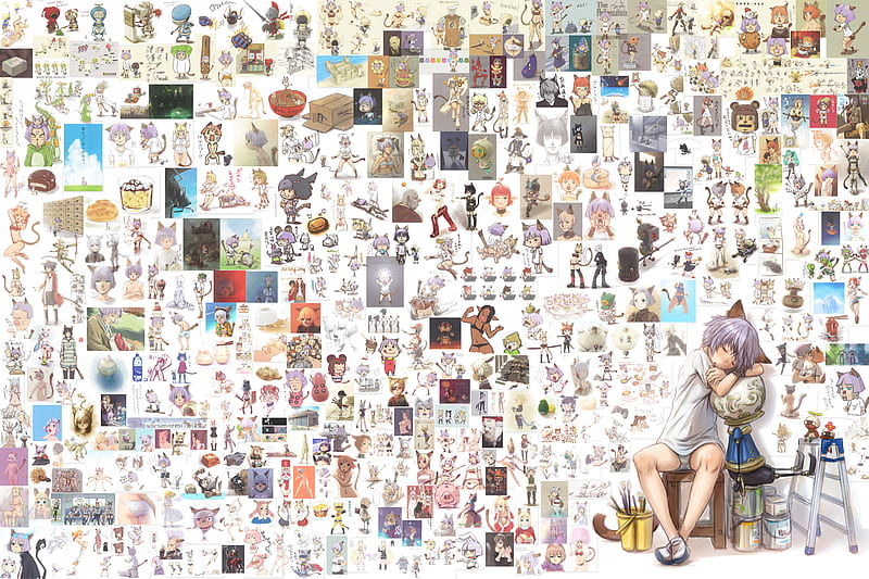 drawing wall, final, ears, tagme, sleeping, animal, nekomasu, cute, fantasy, girl, mithra, anime, HD wallpaper