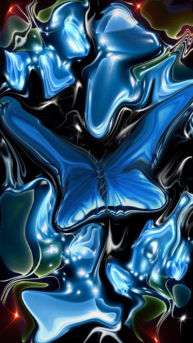 Liquid Butterfly, blue, chrome, flowers, liquid, metal, nature, neon, HD phone wallpaper