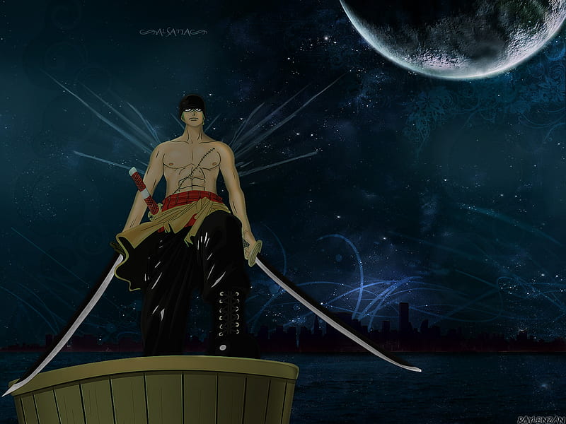 Zoro, moon, cool, anime, swords man, zolo, night, one piece, HD wallpaper