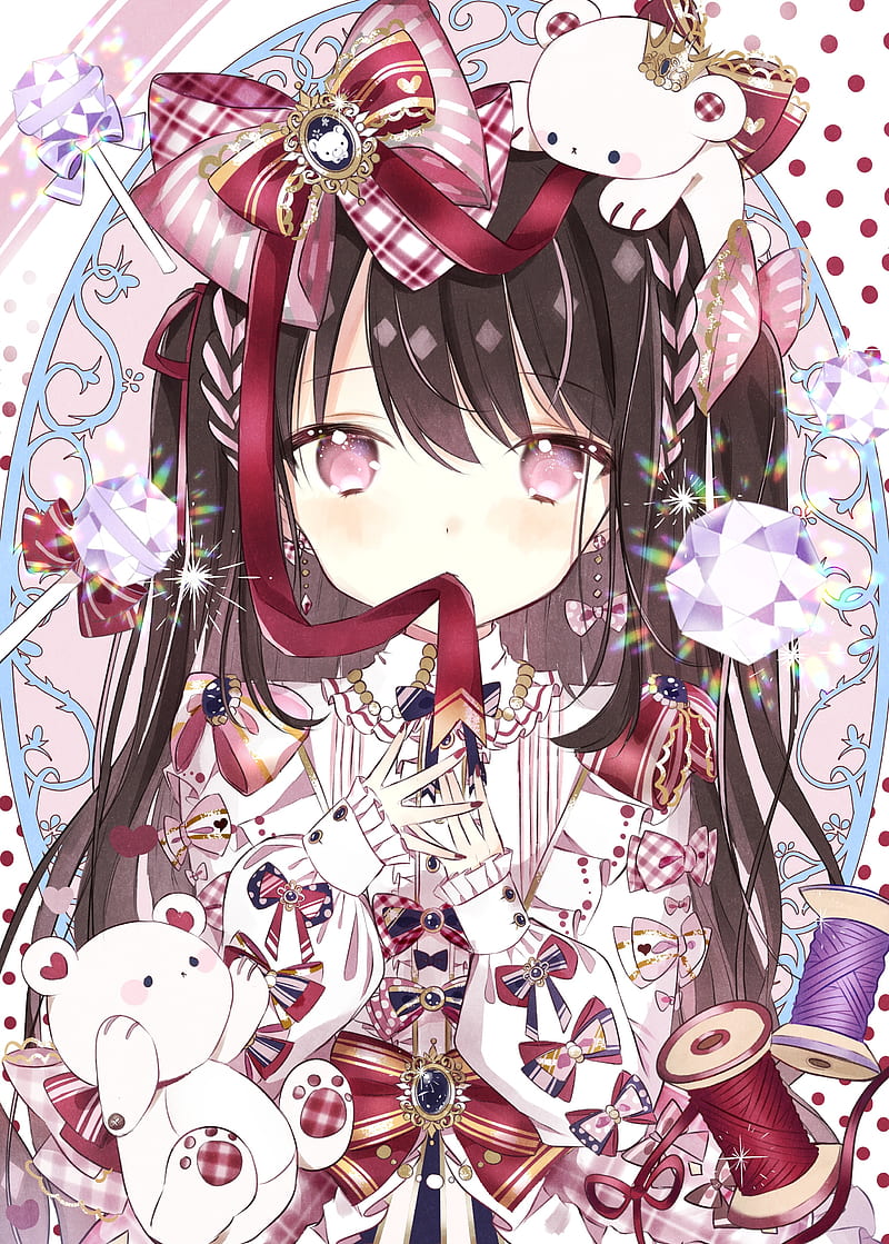 anime girl, brown hair, lolita, ribbons, Anime, HD phone wallpaper
