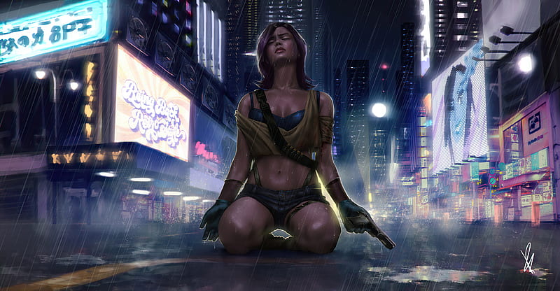 Cyber Girl Rain City , cyberpunk, artist, artwork, digital-art, rain, artstation, HD wallpaper