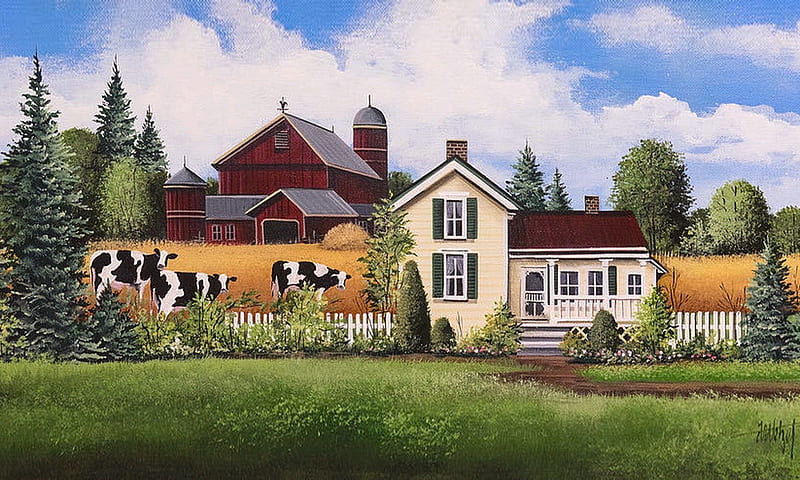 Farm Life, rural, Barn, farm, scenic, country living, home, illustration, cows, HD wallpaper