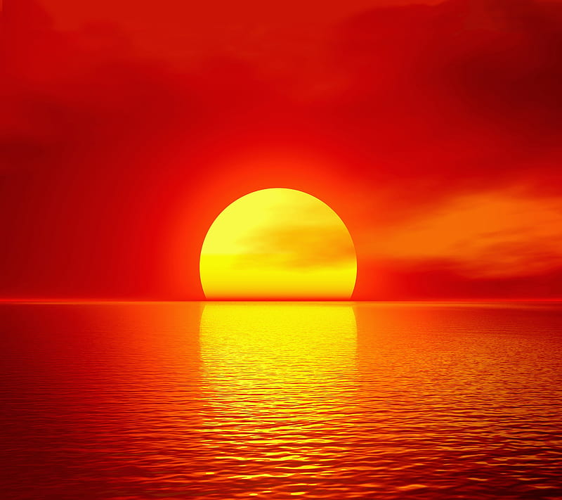 Sunset, horizon, landscape, red, sea, sun, HD wallpaper