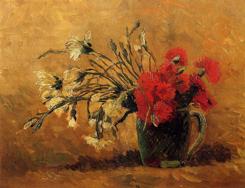 Vincent Van Gogh - Vase with Red and White Carnations on a Yellow Background, red, art, background, yellow, vase, carnations, still life, painting, flower, vincent van gogh, white, HD wallpaper