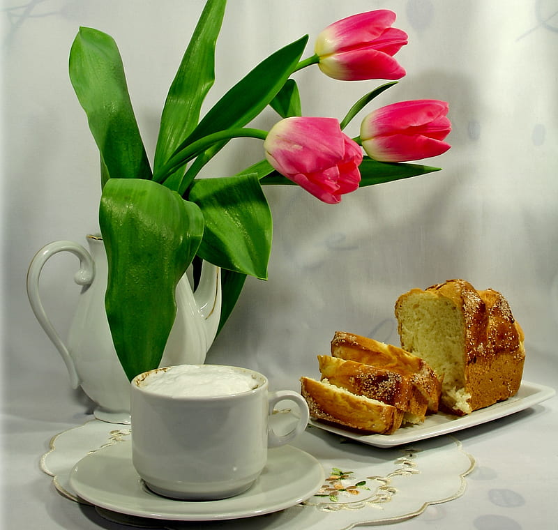 Tulips, cake, pretty, colorful, vase, bonito, sweet, still life, graphy, nice, yummy, coffee time, flowers, beauty, pink, tulip, delicious, lovely, cappuccino, colors, coffee, tea time, cup, milk, nature, white, cream, HD wallpaper