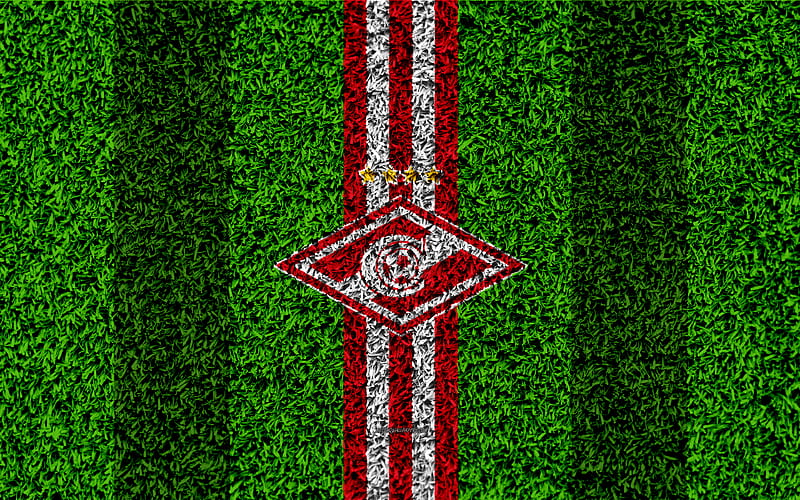 FC Spartak Moscow logo, grass texture, Russian football club, red white lines, football lawn, Russian Premier League, Moscow, Russia, football, HD wallpaper
