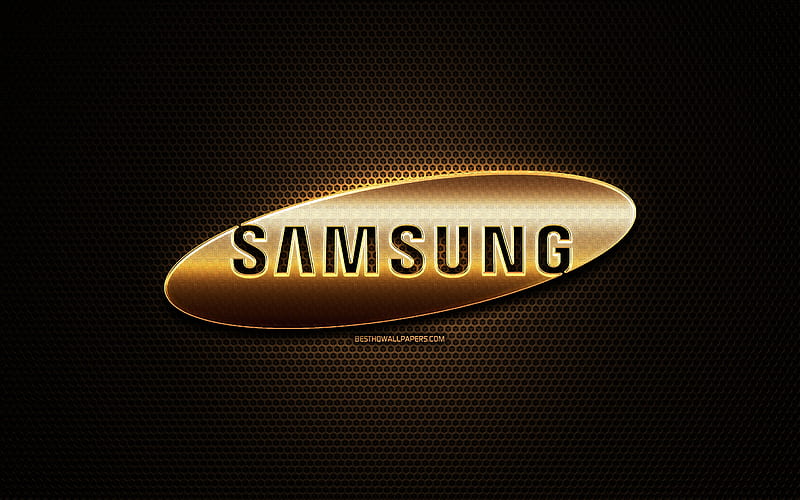 Samsung glitter logo, creative, metal grid background, Samsung logo, brands, Samsung, HD wallpaper