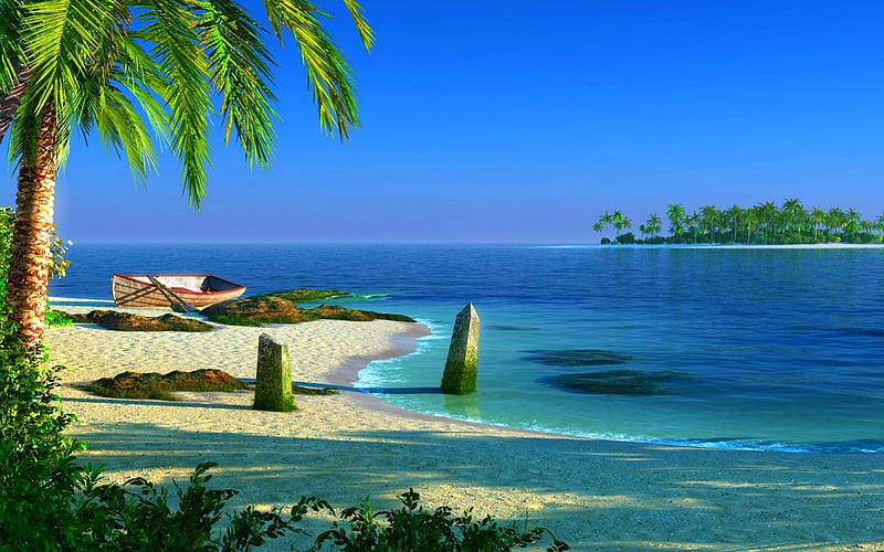 SUMMER VACATION, rocks, palm trees, sea, boat, sand, water, paddles, nature, island, HD wallpaper