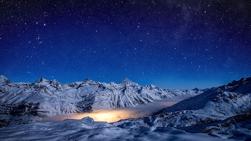 Landscape, Winter, Sky, Night, Snow, Mountain, Light, Fog, Starry Sky, , Start, HD wallpaper