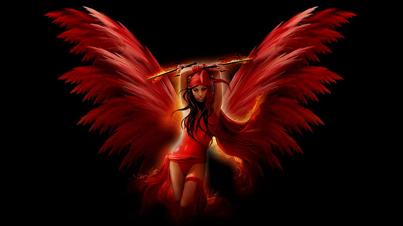 Fairy 7, red, artistic, pretty, warm color, stunning, bold, breathtaking, bonito, woman, women, fantasy, bright, feminine, sword, gorgeous, fairy, daring, female, lovely, storybook, creative, fire fairy, fire, girl, vivid color, sings, red on black or reverse, red on black, HD wallpaper