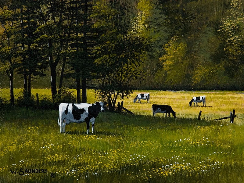 Holsteins, painting, trees, artwork, cows, meadow, HD wallpaper