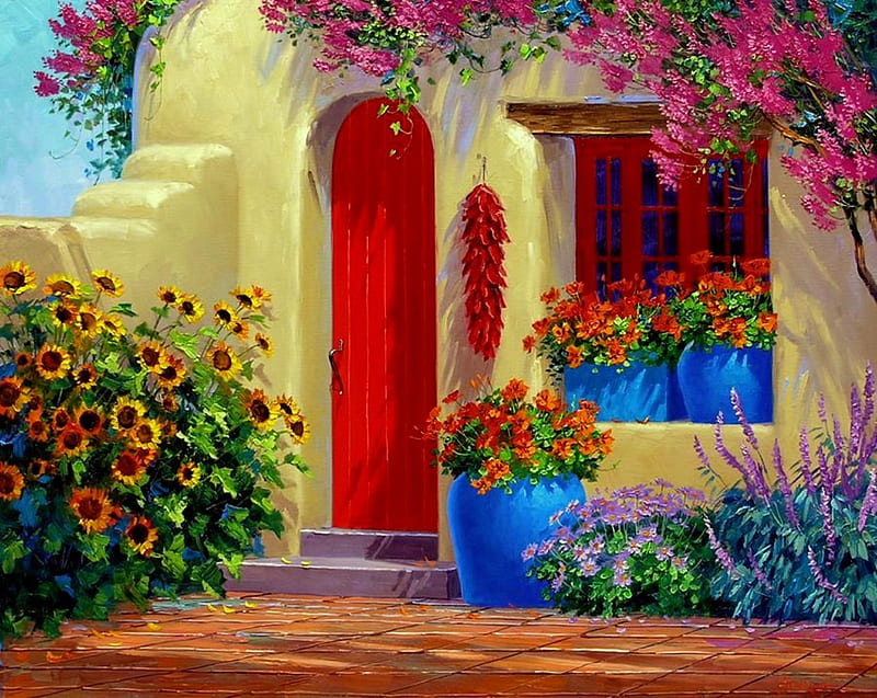 Welcome, house, pots, window, flowers, red door, door, HD wallpaper