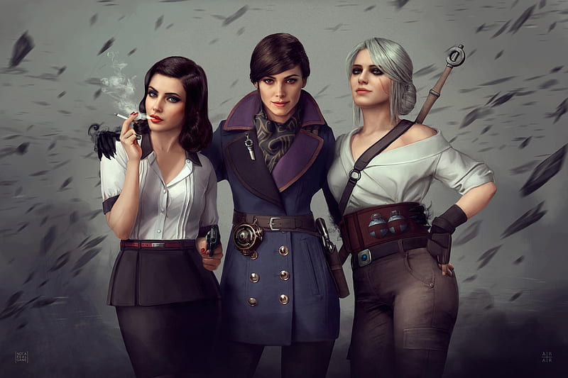 Witcher Assassins Bioshock Girls Crossover, ciri, assassins-creed-origins, bioshock-infinite, games, fantasy-girls, artist, artwork, digital-art, HD wallpaper