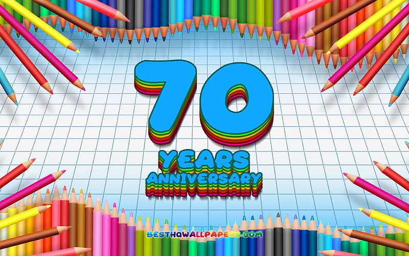 70th anniversary sign, colorful pencils frame, Anniversary concept, blue checkered background, 70th anniversary, creative, 70 Years Anniversary, HD wallpaper