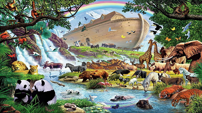 Noah's Ark - After The Flood , Rainbow, Noah, River, Painting, Art, Animals, Ark, HD wallpaper