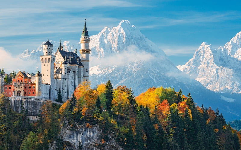 Neuschwanstein Castle, Bavaria, romantic castle, landmark, Germany, mountains, autumn, HD wallpaper