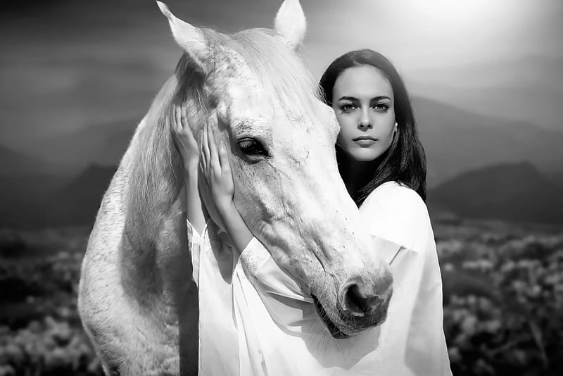 My dear friend, cowgirl, bw, girl, model, black, white, horse, woman, HD wallpaper